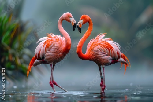 Flamingo bird animal set photo isolated on white background. This has clipping path. pink flamingos during a brilliant sunset  Beautiful flamingos walking in the water with green grasses background.