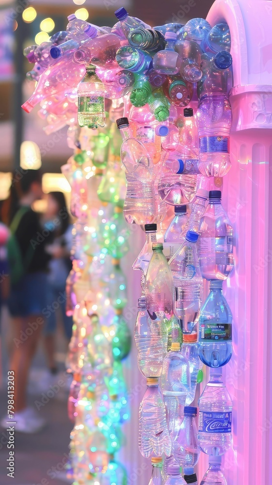 Art installation made from reclaimed water bottles, awareness through creativity, visual impact  169