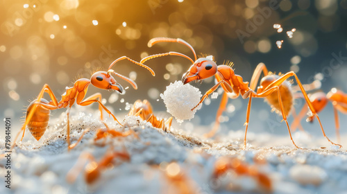 Ants walking on and eating sugar. Suitable for educational materials, science articles, or nature blog backgrounds.