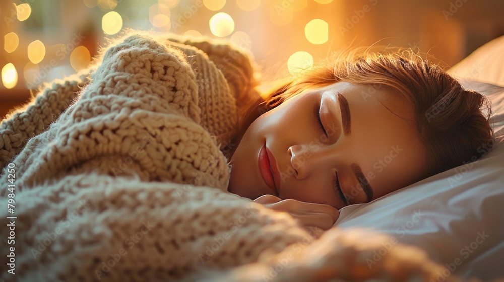 At night, the young woman fell asleep in the bedroom At night, the young woman fell asleep in the bedroom