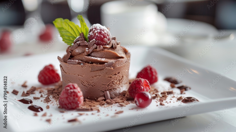 Chocolate mousse with raspberries and mint garnish, elegantly presented on a white plate
Chocolate mousse with raspberries and mint garnish, elegantly presented on a white plate