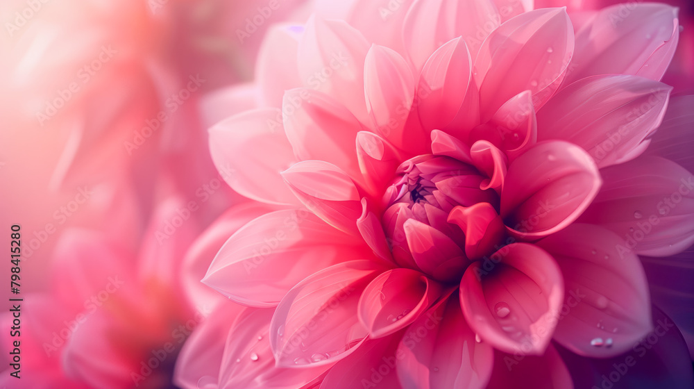 Close up pink flower with water droplets. Ideal for spring season designs, beauty products, greeting cards, and nature themed marketing materials.