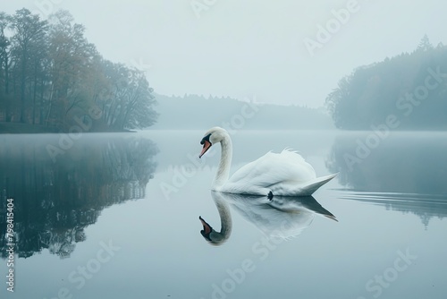 profile of white swan on blue misty lake. graceful swan gliding across a tranquil lake, its reflection mirrored perfectly on the still water White swan in the foggy lake at the dawn. Morning lights. 