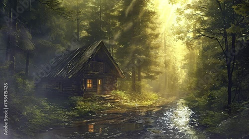 Forest Haven: A cozy wooden cabin nestles amidst the ancient trees of a mystical forest, where the air is filled Seamless looping 4k time-lapse virtual video animation background. Generated AI photo