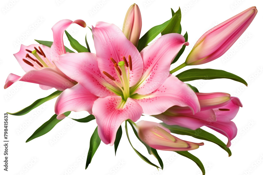 Pink lily flower bouquet isolated on white background for card and decoration