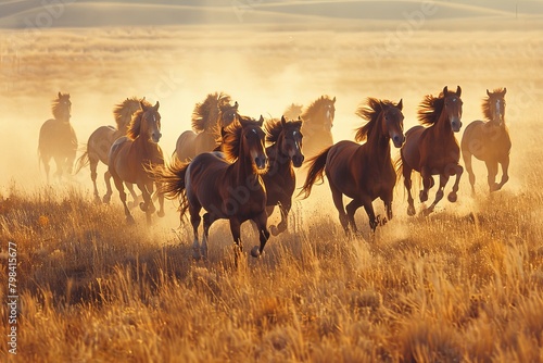 Horse herd run in desert sand storm against dramatic sky Small band of wild horses approaches with curiosity in the high desert West Horses run gallop in flower meadow