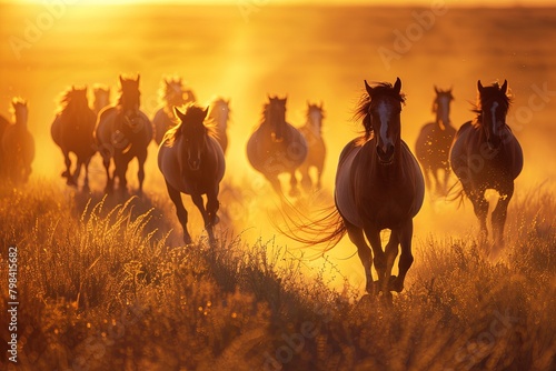 Horse herd run in desert sand storm against dramatic sky Small band of wild horses approaches with curiosity in the high desert West Horses run gallop in flower meadow © Sittipol 