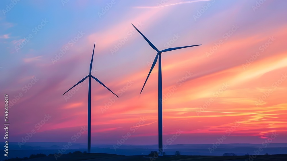 Two wind turbines standing tall against the backdrop of an orange and pink sky, their blades spinning gracefully in harmony with nature's power. Two wind turbines standing tall against the backdrop of an orange and pink sky, their blades spinning gracefully in harmony with nature's power.