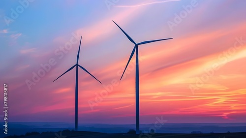 Two wind turbines standing tall against the backdrop of an orange and pink sky, their blades spinning gracefully in harmony with nature's power. 