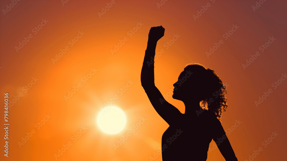 Silhouette of a woman with a raised fist against the sun, symbolizing power, success and strength in the style of the women's rights movement