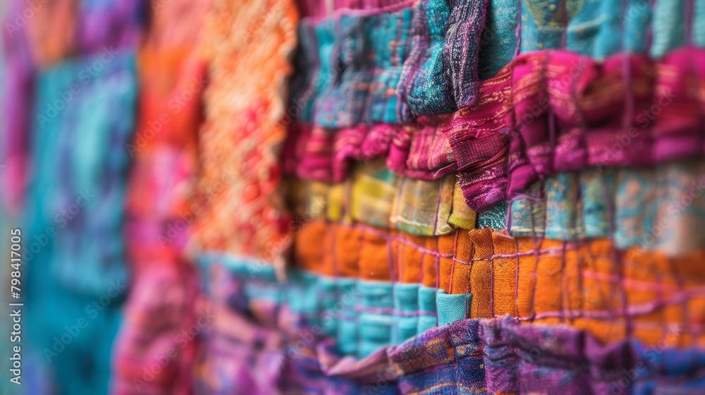 A handcrafted wall hanging made from a variety of textured fabrics highlighted with small handmolded clay pieces.. A handcrafted wall hanging made from a variety of textured fabrics highlighted with small handmolded clay pieces..
