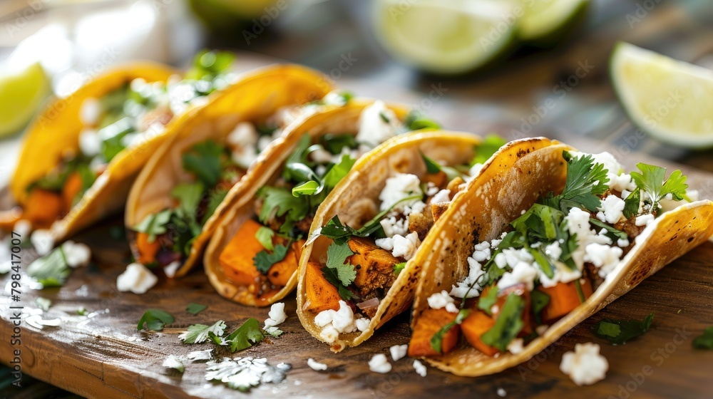 Indulge in the flavors of authentic Mexican tacos packed with juicy meat sweet potatoes and the creamy goodness of cotija cheese Indulge in the flavors of authentic Mexican tacos packed with juicy meat sweet potatoes and the creamy goodness of cotija cheese