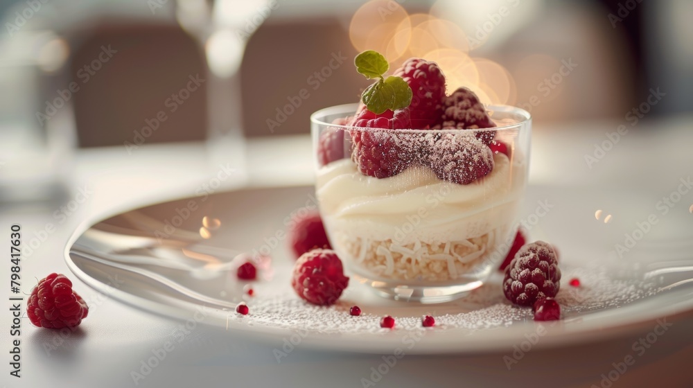 Fresh raspberries atop vanilla cream in a clear dessert cup garnished with mint leaves Fresh raspberries atop vanilla cream in a clear dessert cup garnished with mint leaves