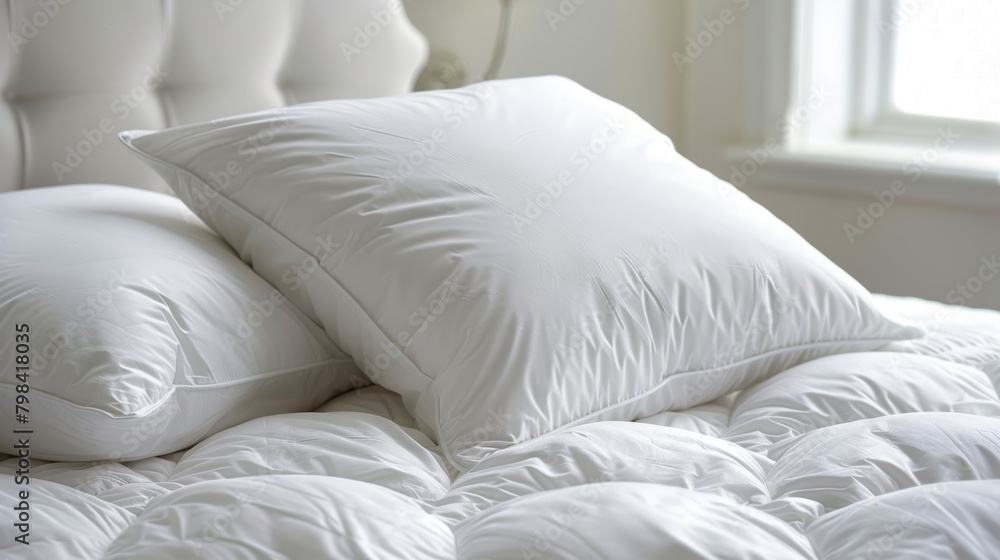 Crisp white pillows and duvet on a luxurious bed in a well-lit room evoke comfort and elegance Crisp white pillows and duvet on a luxurious bed in a well-lit room evoke comfort and elegance