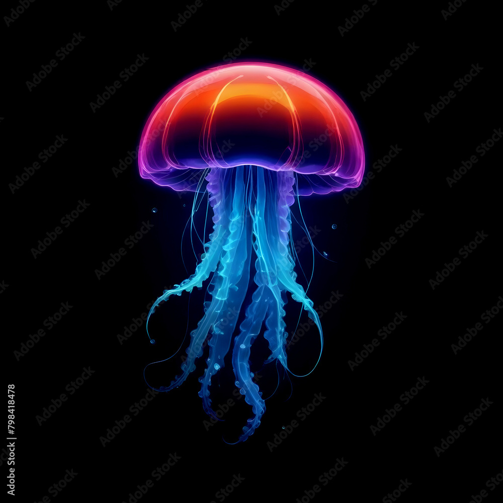 Neon Jellyfish Digital Painting Deep Ocean Glowing Beautiful Nature Background Design