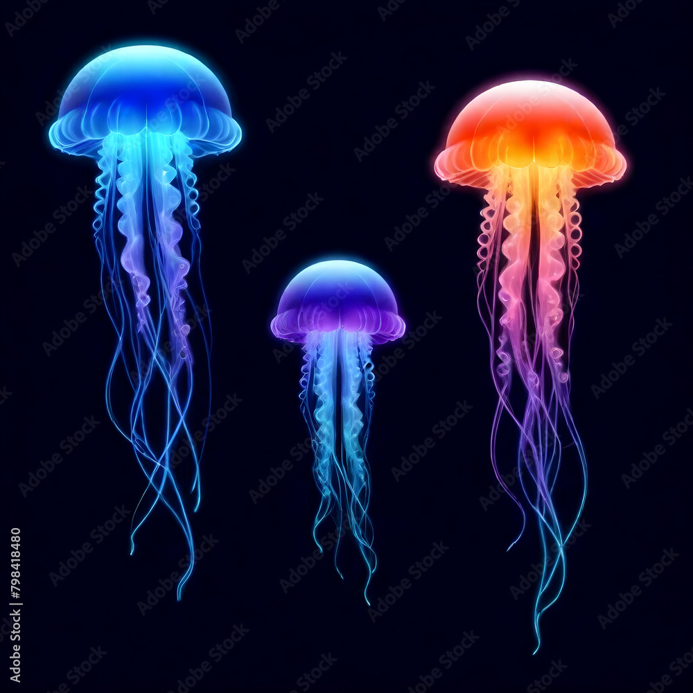 Naklejka premium Neon Jellyfish Digital Painting Deep Ocean Glowing Beautiful Nature Background Design