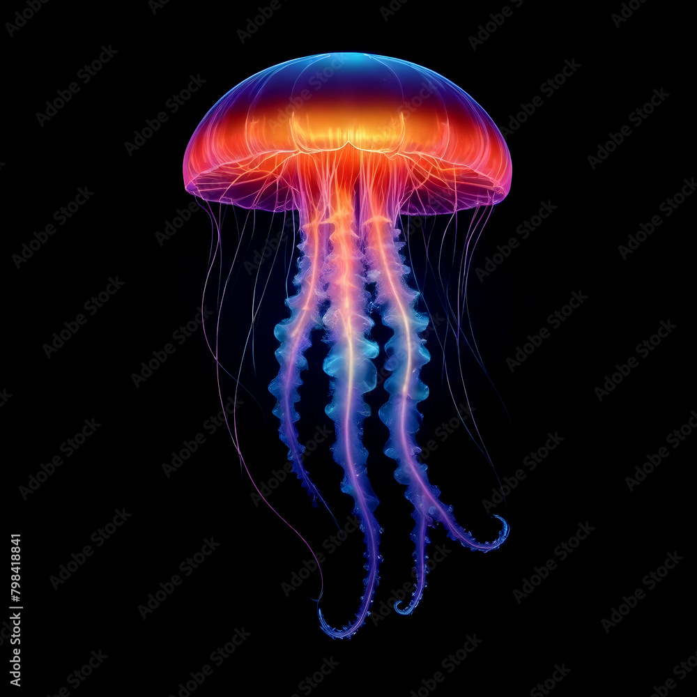 Fototapeta premium Neon Jellyfish Digital Painting Deep Ocean Glowing Beautiful Nature Background Design