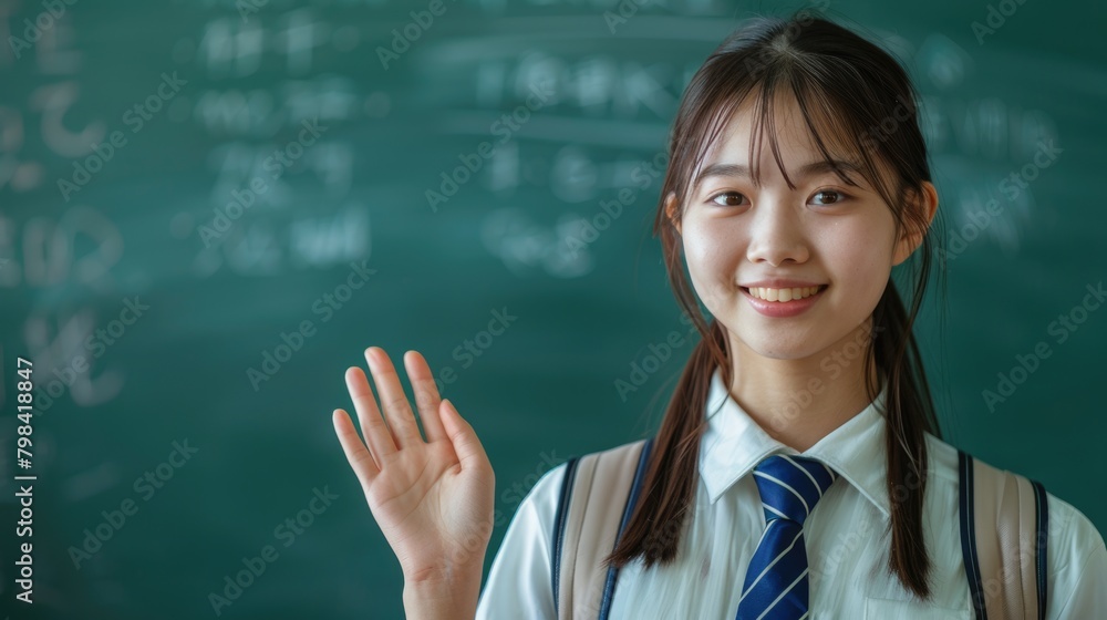 Female students in front of the blackboard in the classroom