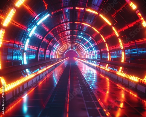 Neon light trails in a futuristic tunnel