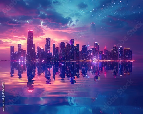 Neon city skyline reflected in water photo