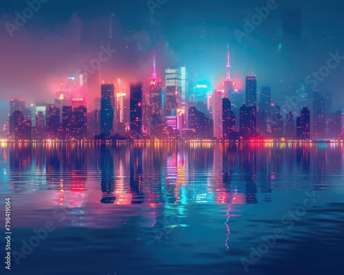 Neon city skyline reflected in water photo