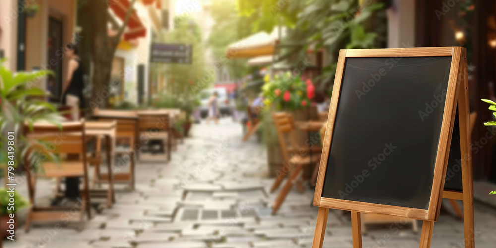 Empty blackboard with a wooden frame on a vibrant city street Empty blackboard with a wooden frame on a vibrant city street