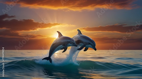 Dolphins jumping over Vibrant sunset sea Water wave with bright background .Generative AI © adan