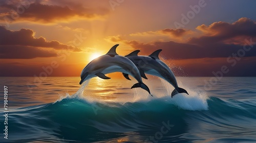 Dolphins jumping over Vibrant sunset sea Water wave with bright background .Generative AI