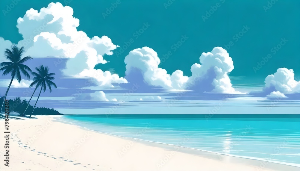Fototapeta premium Ocean Beach Panorama Digital Painting Cloudy Sky Beautiful Nature Summer Background Design