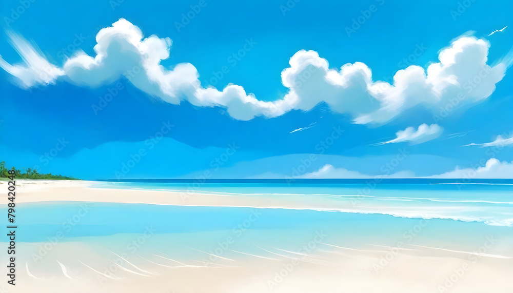 Obraz premium Ocean Beach Panorama Digital Painting Cloudy Sky Beautiful Nature Summer Background Design