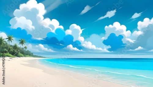 Ocean Beach Panorama Digital Painting Cloudy Sky Beautiful Nature Summer Background Design © amonallday