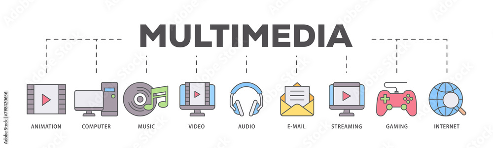 Multimedia icons process flow web banner illustration of e mail, video, audio, internet, streaming, gaming, music, computer, animation icon live stroke and easy to edit Multimedia icons process flow web banner illustration of e mail, video, audio, internet, streaming, gaming, music, computer, animation icon live stroke and easy to edit
