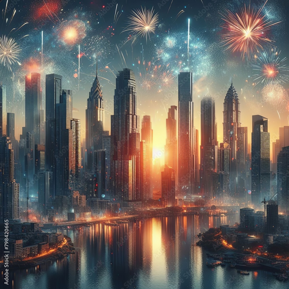 City Display fireworks on Independence Day. Vector illustration

