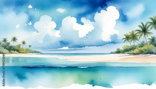 Ocean Beach Panorama Digital Painting Cloudy Sky Beautiful Nature Summer Background Design © amonallday