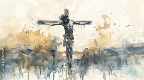 Ethereal Resilience: Minimalist Watercolor of Jesus on the Cross, Symbolizing Hope and Serenity Against an Illusionary White Background