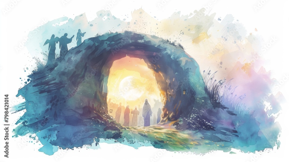 Divine Resurrection: Watercolor Illustration of Empty Tomb and Risen Jesus at Sunrise