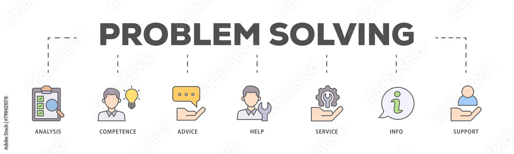 Problem solving icons process flow web banner illustration of analysis, critical thinking, creativity, emotional intelligence, research, team building icon live stroke and easy to edit Problem solving icons process flow web banner illustration of analysis, critical thinking, creativity, emotional intelligence, research, team building icon live stroke and easy to edit