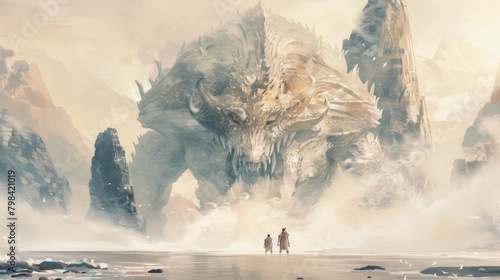 Epic Watercolor Realistic Illustration: Ancient Warriors Confronting Goliath Monster Amid Majestic Mountains, Ocean Waves, and Misty Background, Evoking Neutral Calmness and Dreamlike Atmosphere