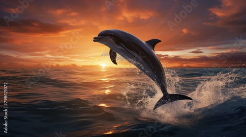 A pair of friendly dolphins leaping gracefully out of the water, their sleek bodies gleaming in the sunlight as they perform an elegant ballet © Malik