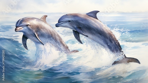 A pair of friendly dolphins leaping gracefully out of the water, their sleek bodies gleaming in the sunlight as they perform an elegant ballet
