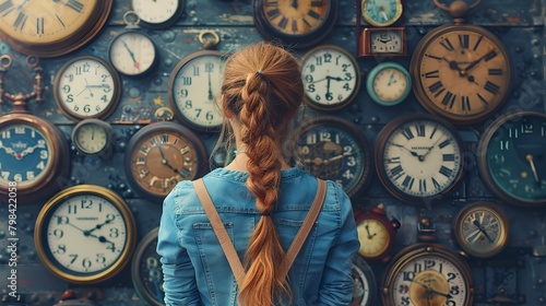 Adolescent Girl Enveloped by a Surreal Display of Vintage Clocks Symbolizing the Fluidity of Time in a Fantasy Digital