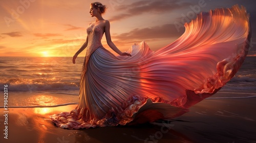 A picturesque scene where the sun sets in a blaze of colors, casting a warm glow over the beach and ocean, while a model in an iridescent gown resembling a nautilus shell poses gracefully, her attire 