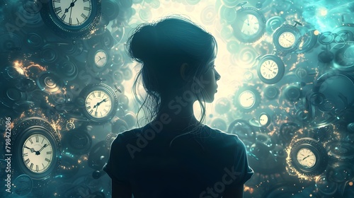 Silhouetted Adolescent Figure Surrounded by Vintage Clocks Symbolizing Time s Fluidity in Fantastical Digital