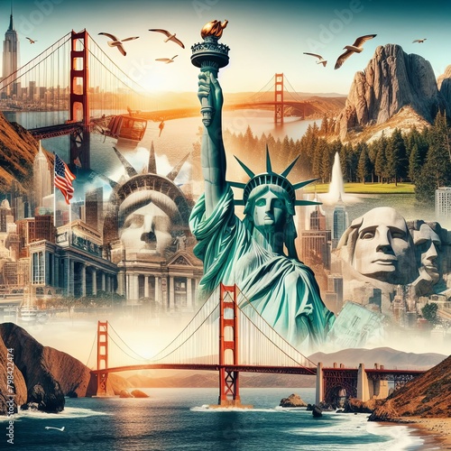 A montage of iconic American landmarks, such as the Statue of Liberty, Mount Rushmore, and the Golden Gate Bridge, composed with flag of USA, grunge looks
 photo