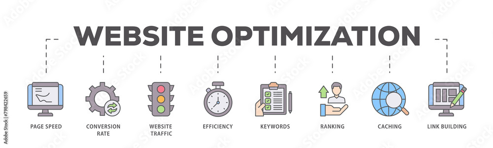 Website optimization icons process flow web banner illustration of page speed, conversion rate, website traffic, efficiency, keywords, ranking, caching icon live stroke and easy to edit Website optimization icons process flow web banner illustration of page speed, conversion rate, website traffic, efficiency, keywords, ranking, caching icon live stroke and easy to edit