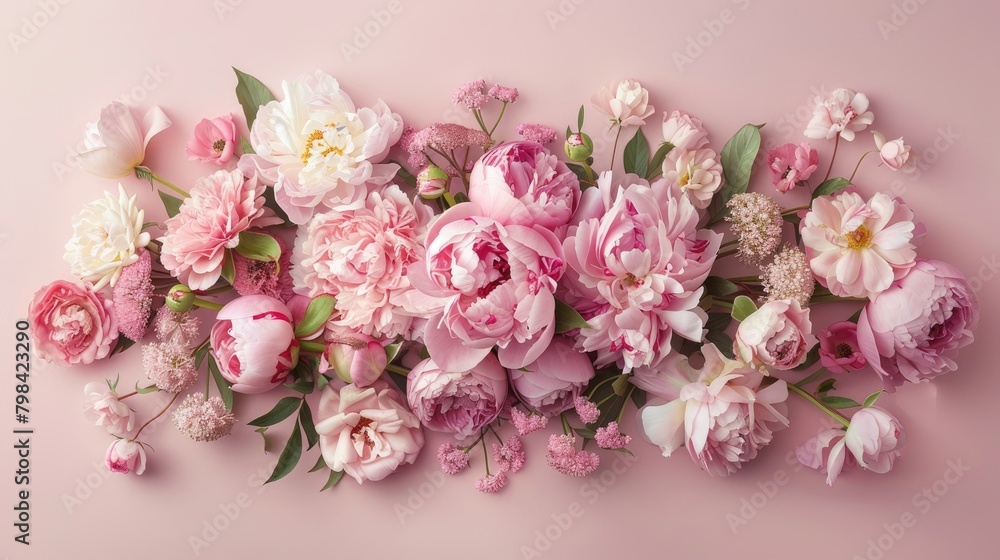 Capture the essence of Mother s Day with a delightful top view photograph showcasing a beautiful arrangement of fresh pink peonies and roses set against a soft pastel pink backdrop leaving 