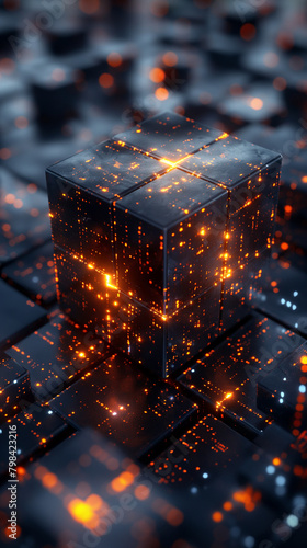 futuristic technology wallpaper with glowing binary lines on black cube 