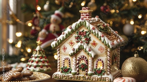 A holidaythemed trinket box in the shape of a gingerbread house perfect for storing small treasures or holiday candies.. photo