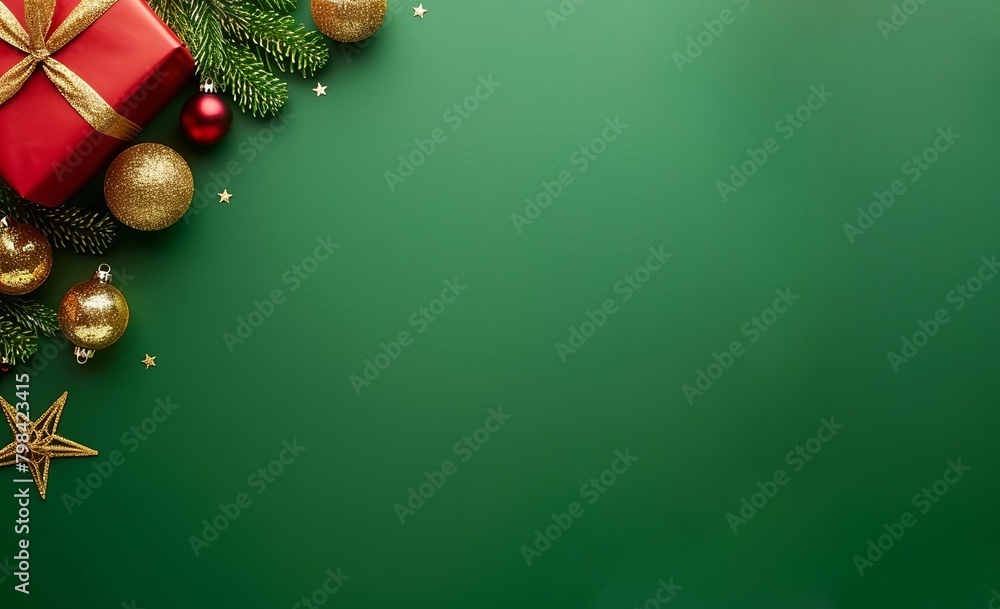 Naklejka premium Beautiful green Christmas background adorned with a border of fir branches, golden Christmas ornaments, stars, and gifts. New Year's decorations. Made with Generative AI Technology