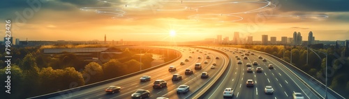 Autonomous cars on smart highway, golden hour, drone view photo